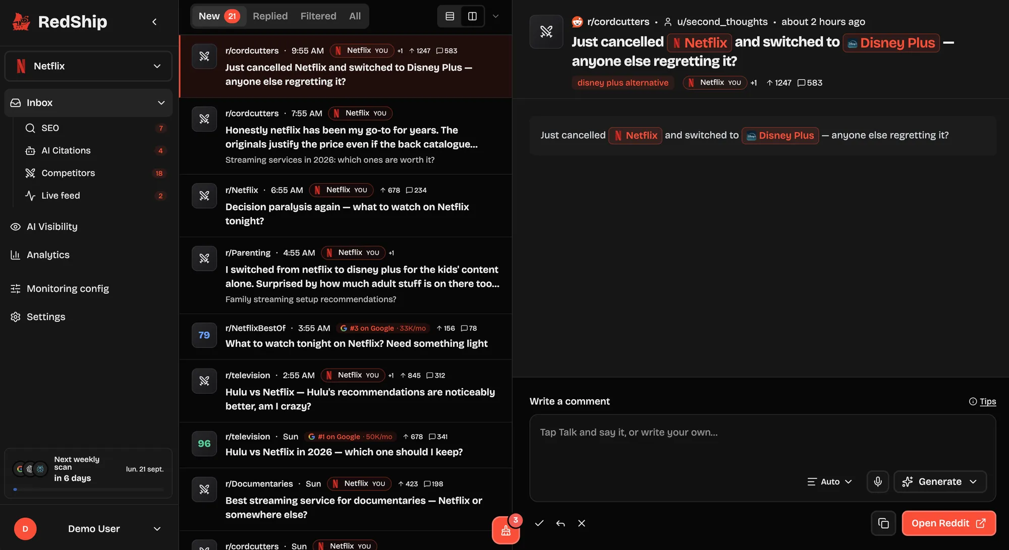 The RedShip dashboard: an inbox of Reddit posts, one open with a reply box
